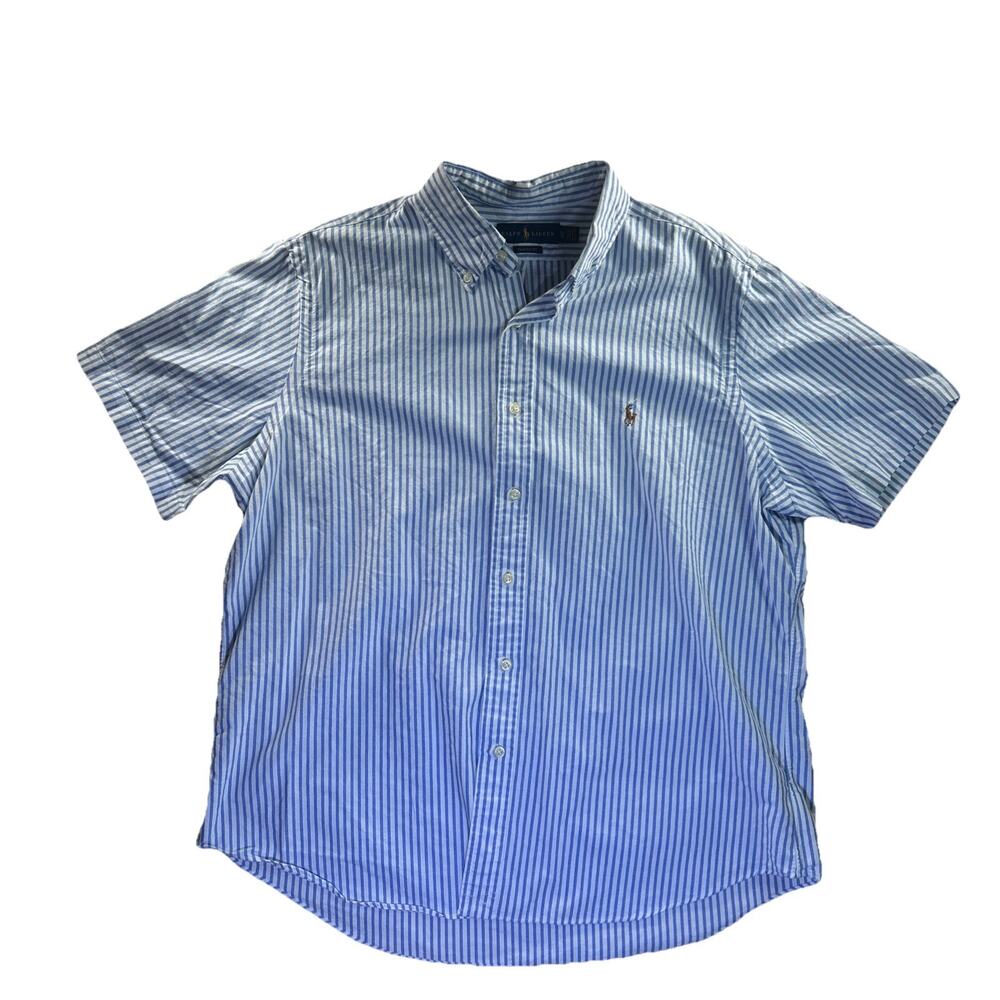 Ralph Lauren Mens Blue White Striped Button-down Shirt XL Short Sleeve Pony Logo